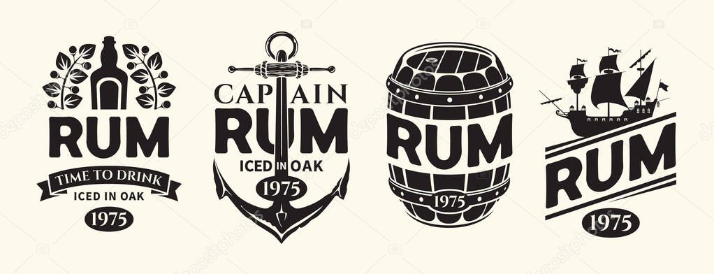 Vector set labels for a bottle of rum on an old paper background. With a barrel, ship, anchor, corkscrew, laurel wreath. Logo in vintage style. Coaster. AI is not used