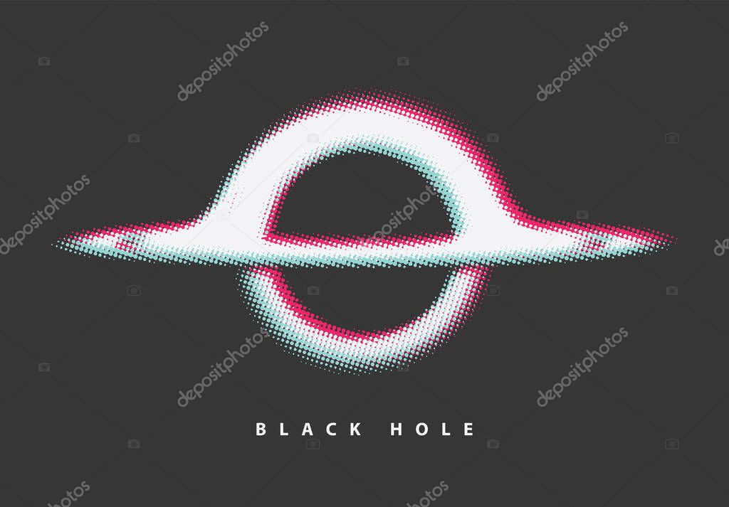 Vector minimalist logo or banner made of pixels or dots with black hole or planet with rings on the theme of space, astronomy, astrophysics and universe. T-shirt design. Not used aI