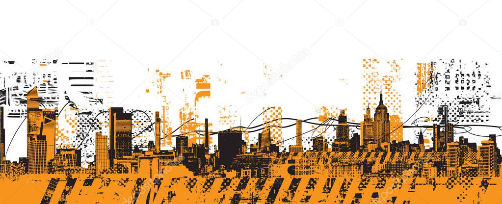 Abstract vector banner with space for text on theme urbanism. Grunge street art on the background of geometric architecture, silhouettes of skyscrapers of the big city. T-shirt design. No ai