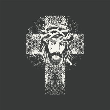 Kefeninde Hıristiyan Katolik haçı olan Paskalya bayrağı ve dikenli bir taç içinde ağlayan İsa 'nın portresi. Dini illüstrasyon, logo. Grunge tişörtü deseni. Hayır.