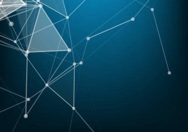 Ufukta parçacıklar ve yıldızlar olan soyut ve gelecekteki dijital manzara. Bilgisayar geometrik dijital bağlantı yapısı. Gelecekçi mavi soyut şebeke. Yapay zeka