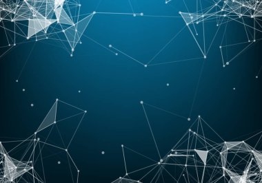 Ufukta parçacıklar ve yıldızlar olan soyut ve gelecekteki dijital manzara. Bilgisayar geometrik dijital bağlantı yapısı. Gelecekçi mavi soyut şebeke. Yapay zeka