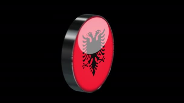 透明背景下阿尔巴尼亚3D旋转国旗 阿尔巴尼亚国旗玻璃钮扣概念风格与圆形金属框架 用Prores 4444渲染 — 图库视频影像