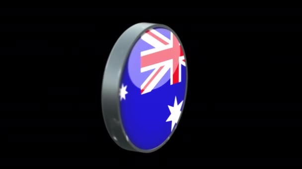 3D澳大利亚国旗在透明背景下的旋转 澳大利亚国旗玻璃钮扣概念风格与圆形金属框架 用Prores 4444渲染 — 图库视频影像