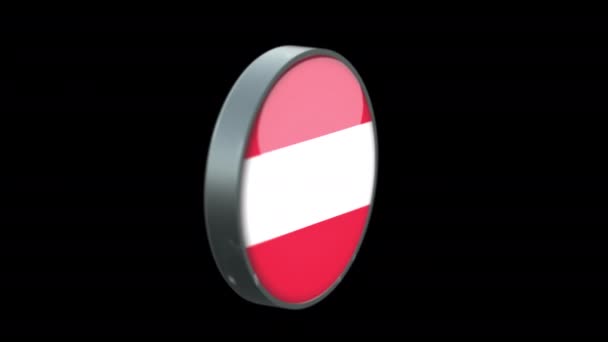 透明背景下奥地利的3D旋转旗帜 奥地利国旗玻璃钮扣概念风格与圆形金属框架 用Prores 4444渲染 — 图库视频影像