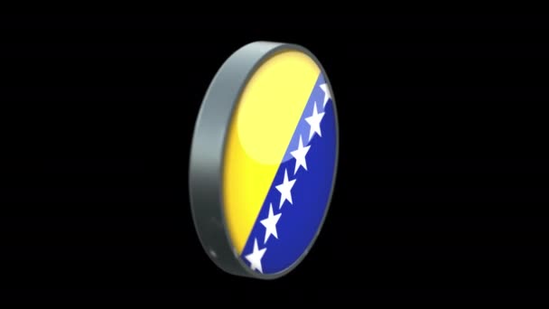 透明背景下的玻色尼亚和鲱鱼的3D旋转旗帜 波士尼亚和赫泽格维纳旗帜玻璃钮扣与圆形金属框架的简约风格 用Prores 4444渲染 — 图库视频影像