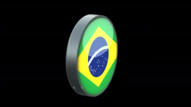 透明背景下的巴西三维旋转国旗 铜牌玻璃钮扣的概念风格与圆形金属框架 用Prores 4444渲染 — 图库视频影像
