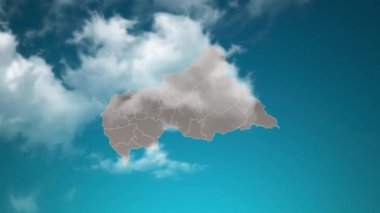 central African Republic country map with zoom in Realistic Clouds Fly Through. camera zoom in sky effect on  map. Background Suitable for Corporate Intros, Tourism, Presentations.