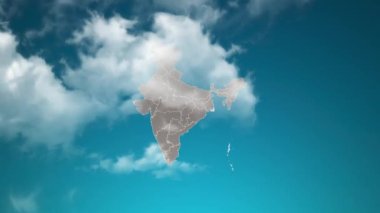 Gerçekçi Bulutlar 'a yakınlaşarak Hindistan' ın ülke haritası geçiyor. Kamera Hindistan haritasında gökyüzünü yakınlaştır. Kurumsal Girişler, Turizm, Sunumlar İçin Uygun.