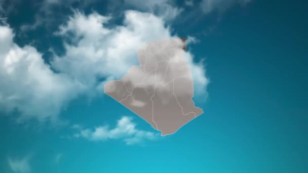 Algeria Mapa País Com Zoom Nuvens Realistas Voar Através Câmera — Vídeo de Stock
