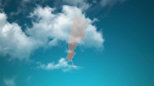 現実的な雲の中にズームとアルゼンチンの国の地図を飛ぶスルー アルゼンチン地図上の空の効果でカメラズーム 企業紹介 プレゼンテーションに適した背景 — ストック動画