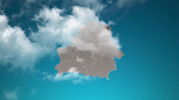 Belarus Landkaart Met Zoom Realistische Wolken Vliegen Erdoorheen Camera Inzoomen — Stockvideo