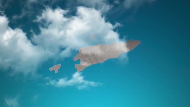 东帝汶的国家地图 在现实的云彩中放大 照相机放大了东帝汶地图上的天空效果 适合企业介绍 演讲的背景 — 图库视频影像