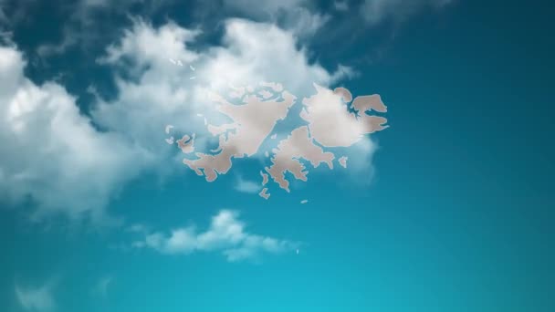 本物の雲のズームとフォークランド諸島の国の地図を飛ぶスルー フォークランド諸島の地図上の空の効果でカメラズーム 企業紹介 プレゼンテーションに適した背景 — ストック動画