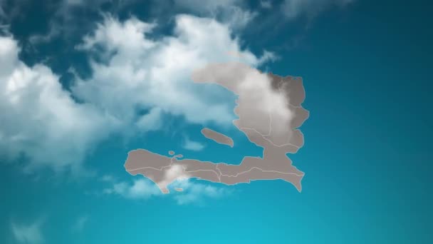 現実的な雲の中のズームとハイチの国の地図を飛ぶスルー ハイチ地図上の空の効果でカメラズーム 企業紹介 プレゼンテーションに適した背景 — ストック動画