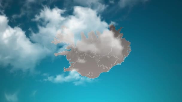 Ijslandse Landkaart Met Inzoomen Realistische Wolken Vliegen Erdoorheen Camera Zoom — Stockvideo
