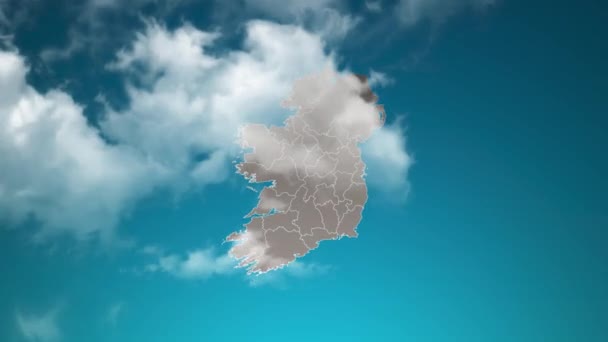Irlanda Mapa País Com Zoom Nuvens Realistas Voar Através Câmera — Vídeo de Stock
