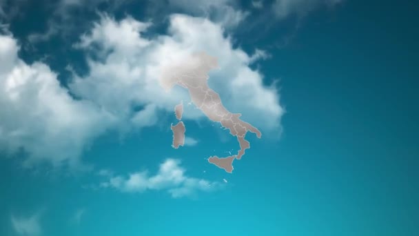 Italie Landkaart Met Zoom Realistische Wolken Vliegen Erdoorheen Camera Inzoomen — Stockvideo