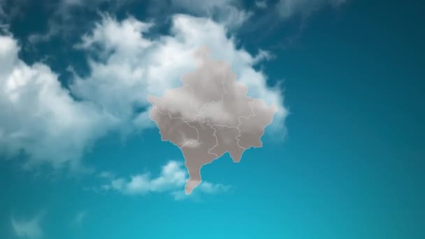 Kosovo Landkaart Met Zoom Realistische Wolken Vliegen Erdoorheen Camera Inzoomen — Stockvideo