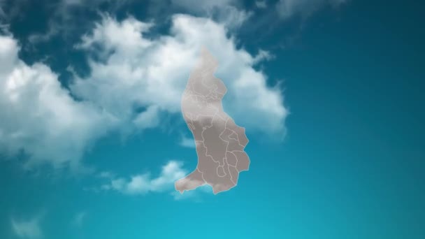 現実的な雲の中のズームとライヒテンシュタインの国の地図を飛ぶスルー ライヒテンシュタイン地図上の空の効果でカメラズーム 企業紹介 プレゼンテーションに適した背景 — ストック動画