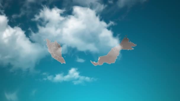 現実的な雲の中にズームとマレーシアの国の地図を飛ぶスルー マレーシア地図上の空の効果でカメラズーム 企業紹介 プレゼンテーションに適した背景 — ストック動画
