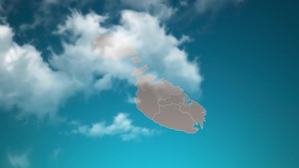 Malta Country Map Met Zoom Realistische Wolken Vliegen Doorheen Camera — Stockvideo