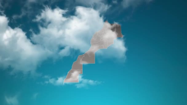 現実的な雲の中のズームとモロッコの国の地図を飛ぶスルー モロッコ地図上の空の効果でカメラズーム 企業紹介 プレゼンテーションに適した背景 — ストック動画