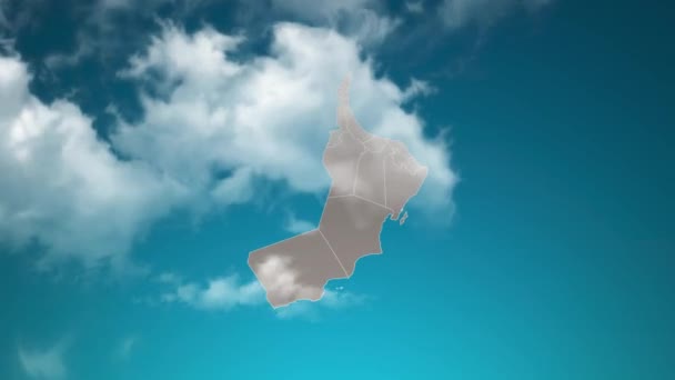 Oman Country Map Met Zoom Realistische Wolken Vliegen Doorheen Camera — Stockvideo