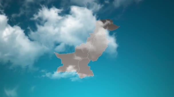 Peta Negara Pakistan Dengan Zoom Dalam Awan Realistik Terbang Melalui — Stok Video