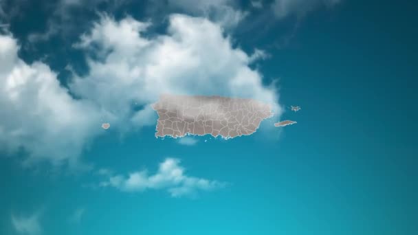 リアルな雲のズームとプエルトリコの国の地図を飛ぶスルー プエルトリコ地図上の空の効果でカメラズーム 企業紹介 プレゼンテーションに適した背景 — ストック動画
