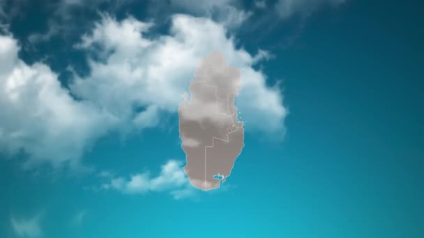 Qatar Landskarta Med Zoom Realistiska Moln Flyga Igenom Kamera Zooma — Stockvideo