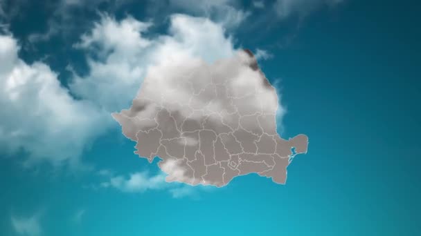 Romania Country Map Med Zoom Realistiska Moln Flyga Igenom Kamera — Stockvideo