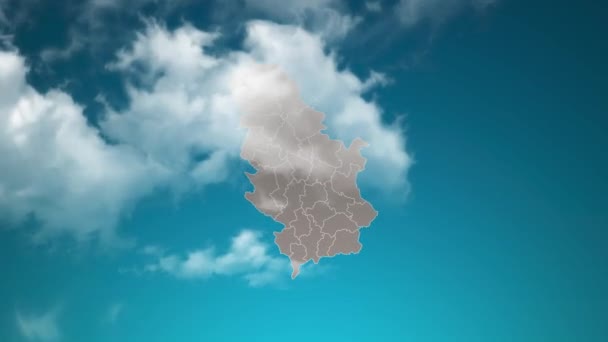 Servië Landkaart Met Zoom Realistische Wolken Vliegen Erdoorheen Camera Inzoomen — Stockvideo
