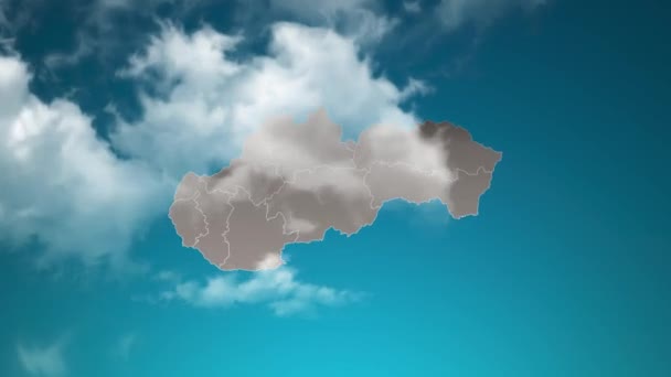 Slovakya Ülke Haritası Gerçekçi Bulutlar Üzerinden Uçuyor Slovakya Haritasında Gökyüzü — Stok video