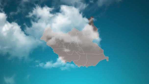 苏丹南部的国家地图 在现实的云彩中放大 相机放大天空对苏丹南部地图的影响 适合企业介绍 演讲的背景 — 图库视频影像