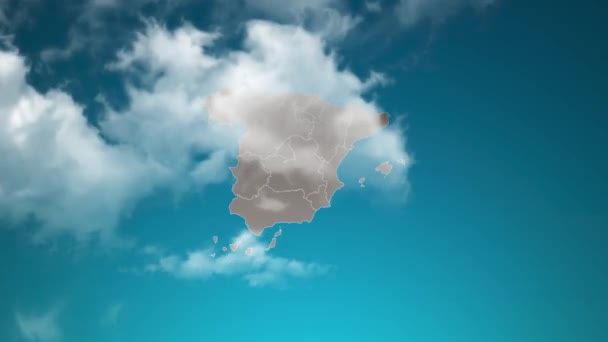 Spanje Landkaart Met Zoom Realistische Wolken Vliegen Door Camera Inzoomen — Stockvideo