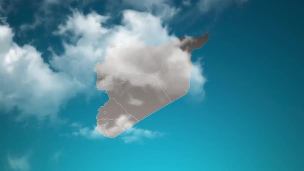 Syrië Landkaart Met Zoom Realistische Wolken Vliegen Erdoorheen Camera Inzoomen — Stockvideo