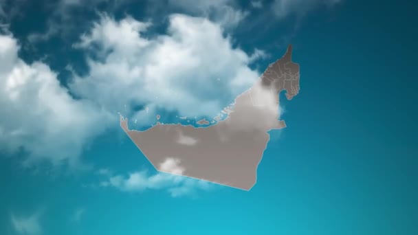 Förenade Arabemiraten Landskarta Med Zoom Realistiska Moln Flyga Igenom Kamera — Stockvideo