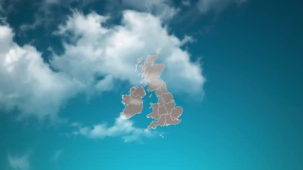 現実的な雲のズームとイギリスの国の地図を飛ぶスルー イギリス地図上の空の効果でカメラズーム 企業紹介 プレゼンテーションに適した背景 — ストック動画