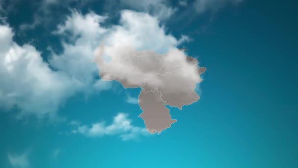 現実的な雲の中にズームとベネズエラの国の地図を飛ぶスルー ベネズエラ地図上の空の効果でカメラズーム 企業紹介 プレゼンテーションに適した背景 — ストック動画