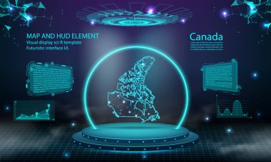 canada map light connecting effect background. abstract digital technology UI, GUI, futuristic HUD Virtual Interface with canada map. Stage futuristic podium in fog.