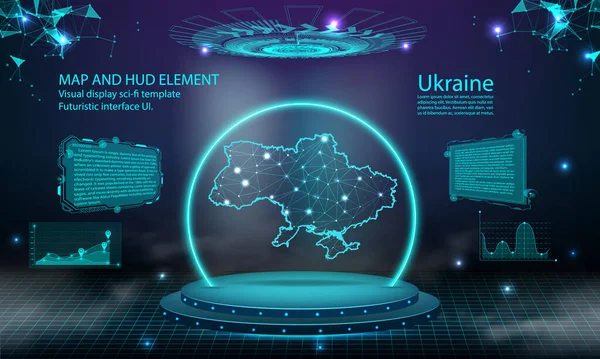 Ukraine映射光连接效果背景 抽象数字技术Ui Gui 未来主义Hud虚拟接口与Ukraine地图 大雾中的舞台未来主义讲台 — 图库矢量图片#