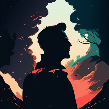 Fantazi arka planında insan portresi. 