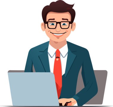 Yakışıklı adam dizüstü bilgisayarında çalışıyor. Arka planda çalışma süreci simgeleri olan modern ofis içi. Çizim