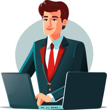 Yakışıklı adam dizüstü bilgisayarında çalışıyor. Arka planda çalışma süreci simgeleri olan modern ofis içi. Çizim