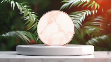 Kozmetik ürün sunumu için bitkilerin olduğu minimal podyum görüntüsü, kaide veya platform arka planı, yaprağın hareket gölgesi ile.