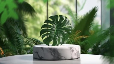 Kozmetik ürün sunumu için bitkilerin olduğu minimal podyum görüntüsü, kaide veya platform arka planı, yaprağın hareket gölgesi ile.