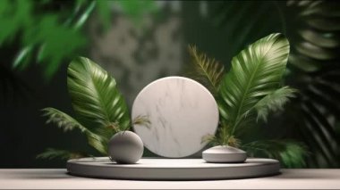 Kozmetik ürün sunumu için bitkilerin olduğu minimal podyum görüntüsü, kaide veya platform arka planı, yaprağın hareket gölgesi ile.