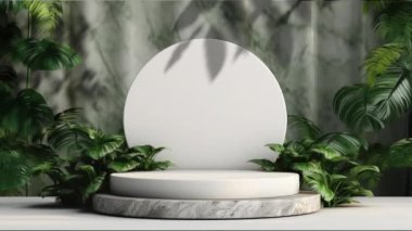 Kozmetik ürün sunumu için bitkilerin olduğu minimal podyum görüntüsü, kaide veya platform arka planı, yaprağın hareket gölgesi ile.