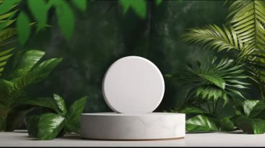 Kozmetik ürün sunumu için bitkilerin olduğu minimal podyum görüntüsü, kaide veya platform arka planı, yaprağın hareket gölgesi ile.